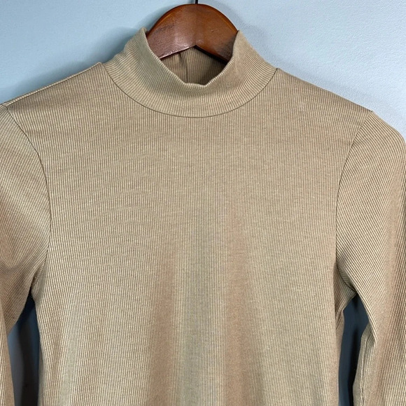 American Eagle Ribbed Cropped Mock Neck Shirt Tan Brown Long Sleeves M - Picture 3 of 10